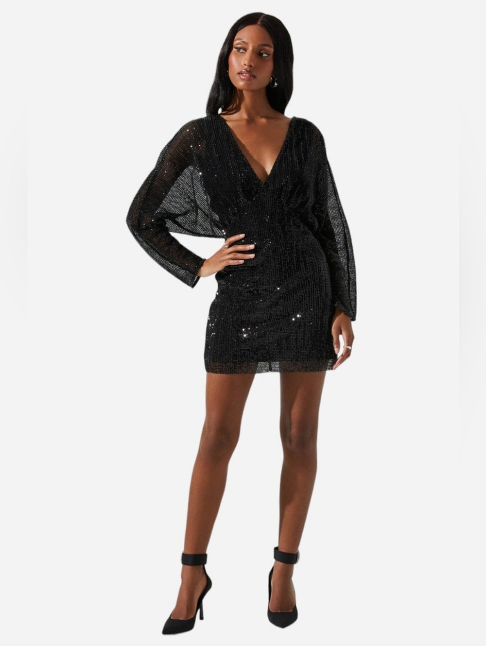 Astr Black Sequin Draped V-Neck Mini Dress